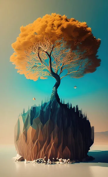 surreal landscape with mountains, trees and sky