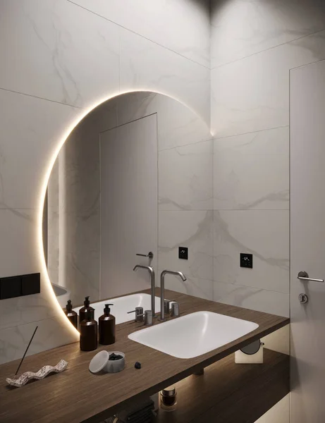 三维渲染一个带有现代水池的浴室内部角落 — 图库照片