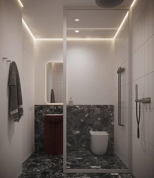带漂亮大理石瓷砖的简约风格浴室3D渲染 — 图库照片