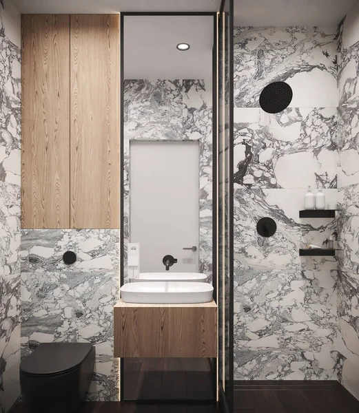 带有巨大大理石瓷砖的现代化浴室的内部 — 图库照片