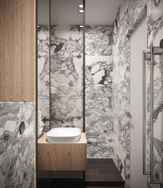 带有巨大大理石瓷砖的现代化浴室的内部 — 图库照片