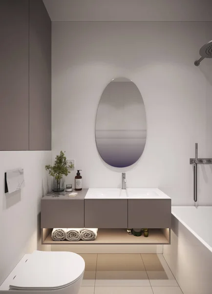 现代浴室的内部 白色的墙壁和明亮的口音 3D渲染 — 图库照片