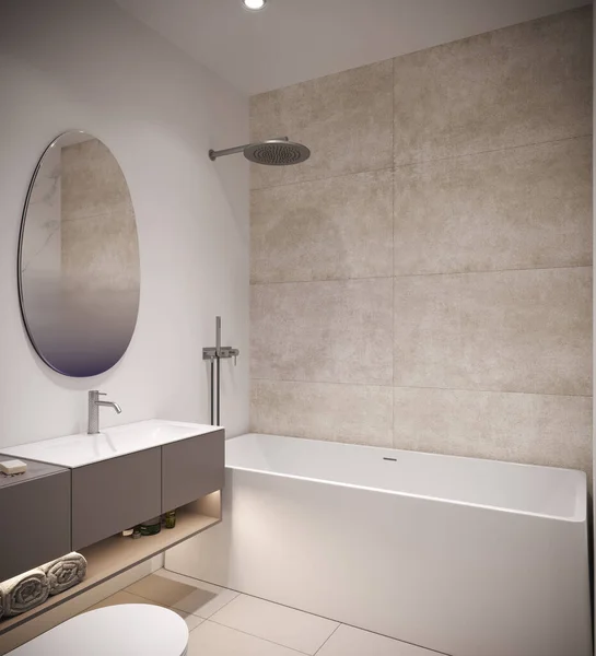 现代浴室的内部 白色的墙壁和明亮的口音 3D渲染 — 图库照片