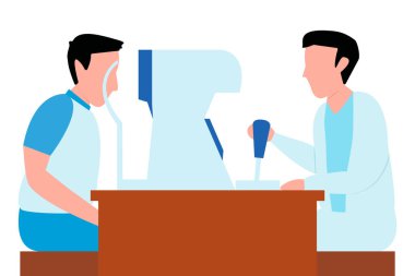 Oftalmolog doktorun, beyaz arka planda, optalmolojik ekipman tasarımı düz modern izole vektör ile hasta görme yeteneğini incelemesi.