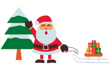 Noel Baba ve Noel ağacı ve kızak düz tasarım modern vektör illüstrasyonunda hediye kutuları.