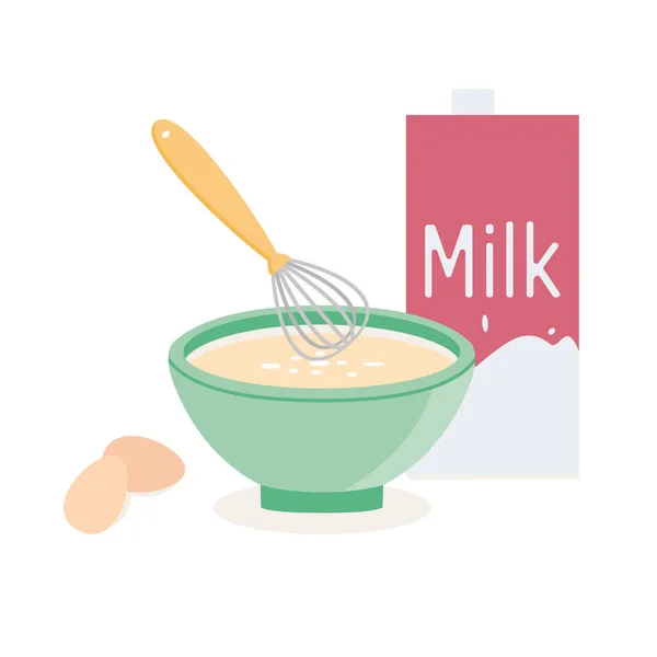 Frullare Tuorli Una Ciotola Con Disegno Del Latte Vettore Piatto — Vettoriale Stock