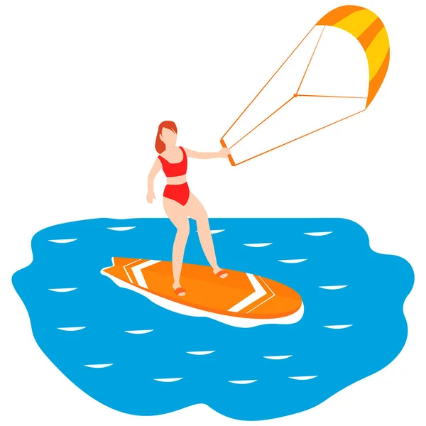 Illustration Kite Surfing Woman Takes Part Kite Surfing Modern Design — Stock Vector