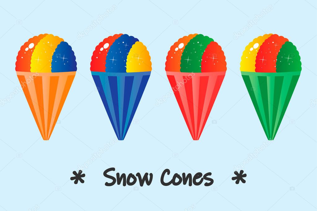 Set of shaved ice on cones design vector flat modern isolated illustration