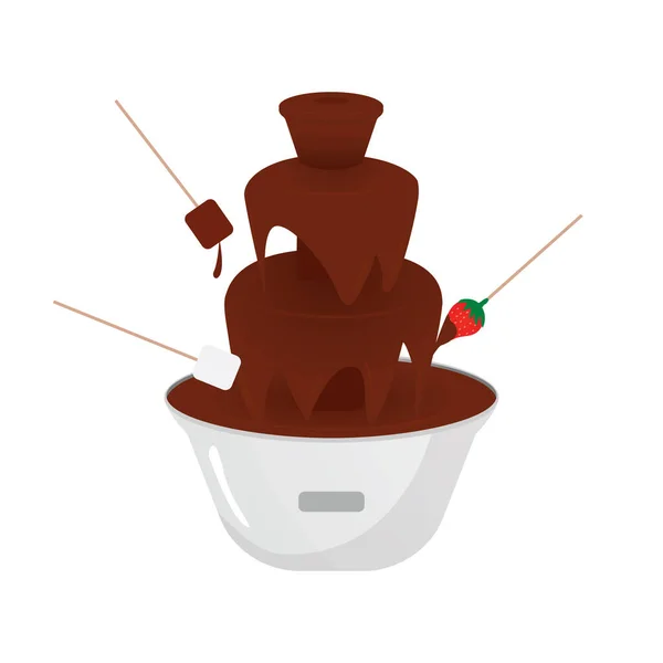 Schokoladenfontänenmaschine Mit Erdbeer Marshmallow Bonbons Auf Einem Stick Design Fondue — Stockvektor