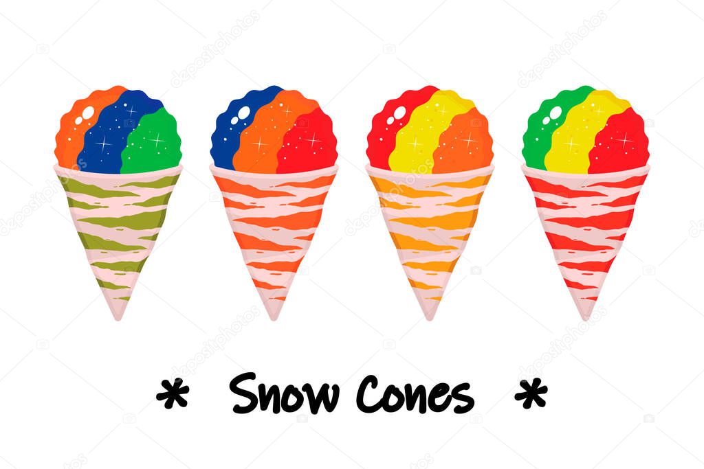 Set of shaved ice on cones modern vector illustration