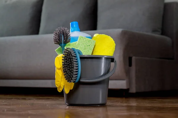 Household Cleaners Detergent Rag Washcloth Brush Cleaning Means Keeping House — Foto de Stock