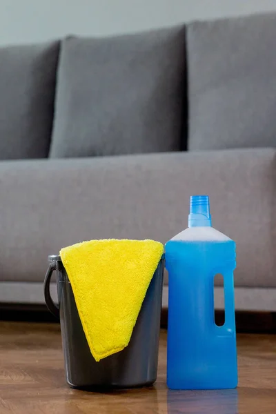 Household Cleaners Detergent Rag Washcloth Brush Cleaning Means Keeping House — Zdjęcie stockowe