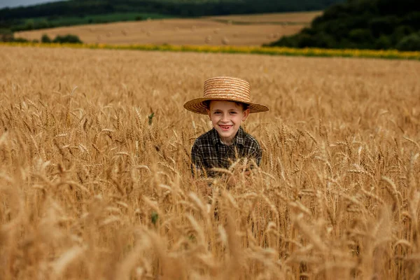 Smiling Little Farmer Boy Plaid Shirt Straw Hat Poses Photo — Stock fotografie