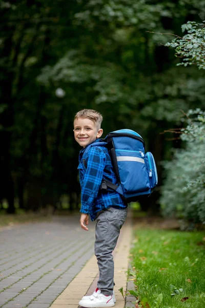 リュックを持った男の子が学校に行く 後ろの景色 一年生 — ストック写真