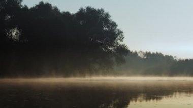 Fisherman pulling fish on the river in a foggy summer morning. Fishing for spinning.