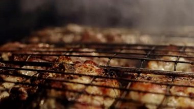 Outdoor barbecue picnic cooking process, grilling and grilling juicy meat steaks with burning fire and smoke on barbecue grill, burning coals. Barbecue grill concept