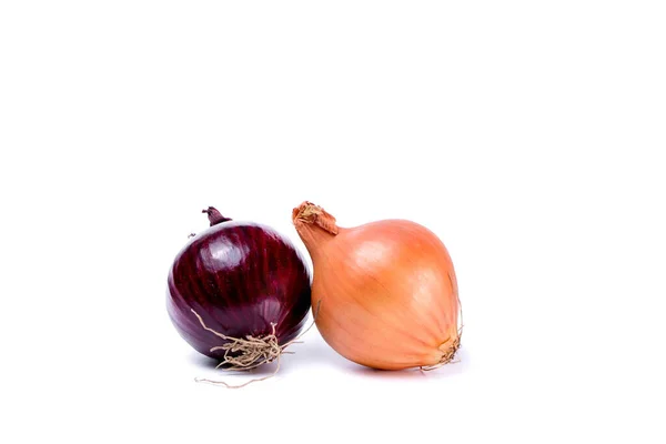 Violet and gold onions isolated on a white background. View from above.