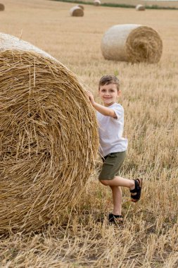 Beyaz tişörtlü ve haki şortlu şirin bir çocuk saman balyalarının yanında duruyor. Sahadaki fotoğraf oturumu.