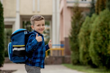 Mavi gömlekli ve okul ceketli neşeli, yaramaz beyaz öğrenci. Onaylama jesti yapıyor. Okula geri dön.