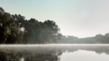 Sisli bir yaz sabahı nehirde balık tutan bir balıkçı. Döndürmek için balık tutmak.