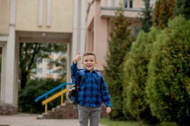 Mavi gömlekli ve okul ceketli neşeli, yaramaz beyaz öğrenci. Onaylama jesti yapıyor. Okula geri dön.