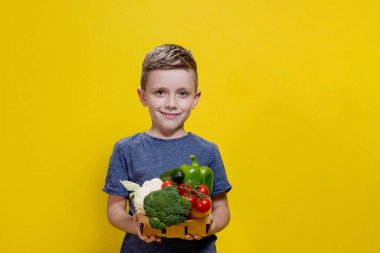 Çocuk sarı arka planda taze sebzelerle dolu bir sepet tutuyor. Brokolili sepet, karnabahar, vişneli domates, salatalık, biber. Vejetaryen ve sağlıklı kavramlar