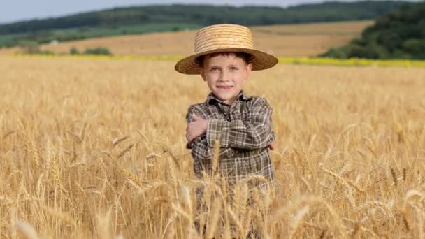 Smiling Little Farmer Boy Plaid Shirt Straw Hat Poses Photo — Wideo stockowe