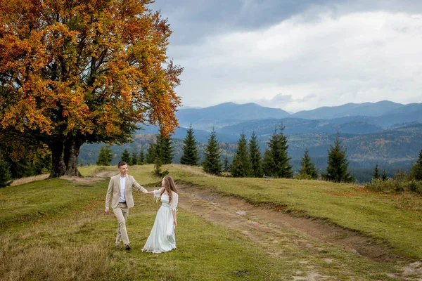 Married Couple Walks Mountains Bride Leads Groom Her Girl Holds — Stock Fotó