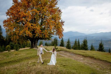 A married couple walks among the mountains, the bride leads the groom behind her, the girl holds the boy's hand, smiles, the woman in a white wedding dress, the groom and a beige suit.