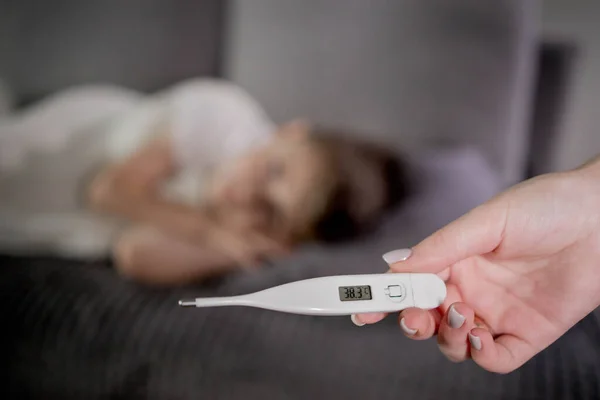 Sick Child Close Medical Thermometer Mother Measures Temperature Her Sick —  Fotos de Stock
