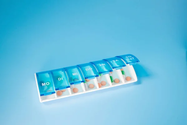 Plastic Container Various Pills Blue Background Planning Use Tablets — Fotografia de Stock