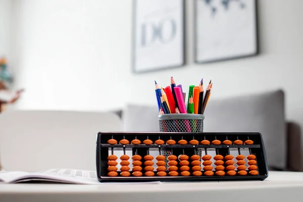 Abacus Colored Pencils White Table Learning Mental Arithmetic — Stock Photo, Image