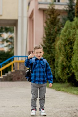 Mavi gömlekli ve okul ceketli neşeli, yaramaz beyaz öğrenci. Onaylama jesti yapıyor. Okula geri dön.