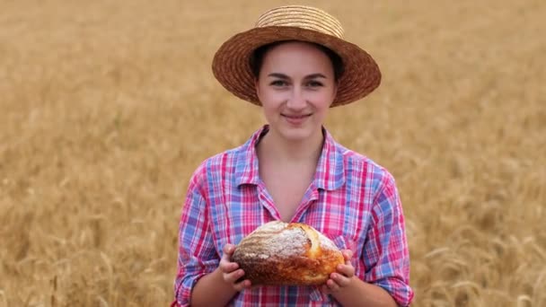 Женщина Фермер Дает Органический Зерновой Хлеб Фоне Пшеничного Поля Хлеб — стоковое видео
