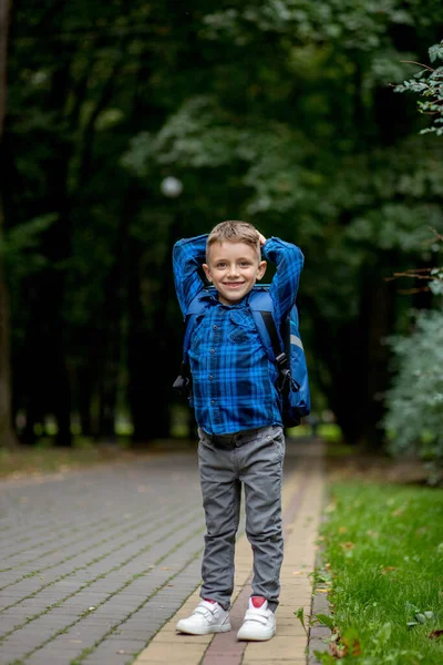 Okul Çağında Mavi Sırt Çantalı Bir Çocuk Parkta Okula Gider — Stok fotoğraf