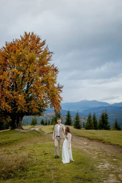 Ένα Παντρεμένο Ζευγάρι Περπατά Ανάμεσα Στα Βουνά Νύφη Οδηγεί Τον — Φωτογραφία Αρχείου