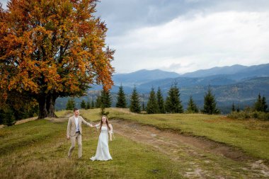 A married couple walks among the mountains, the bride leads the groom behind her, the girl holds the boy's hand, smiles, the woman in a white wedding dress, the groom and a beige suit.