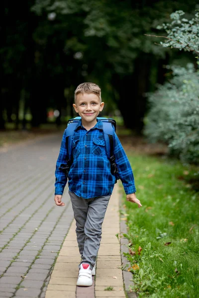 青いバックパックを持つ学校の年齢の男の子は公園で学校に行きます — ストック写真