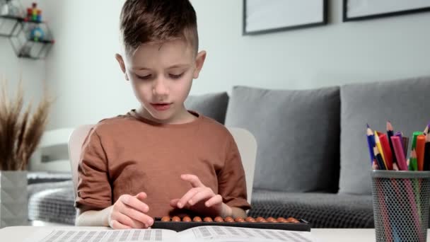 Μικρό Αγόρι Που Μετράει Βοήθεια Έναν Άβακα Νοητική Αριθμητική Ανάπτυξη — Αρχείο Βίντεο