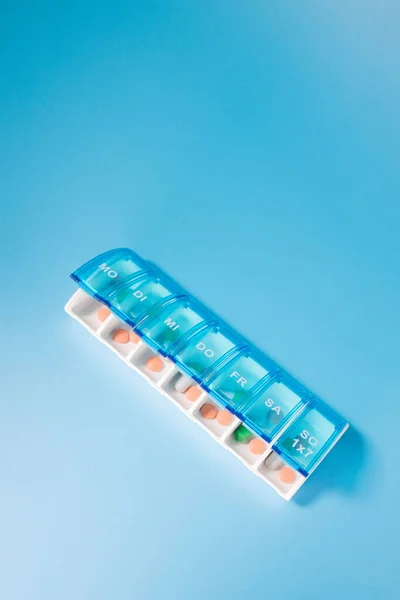 Plastic Container Various Pills Blue Background Planning Use Tablets — Stock fotografie