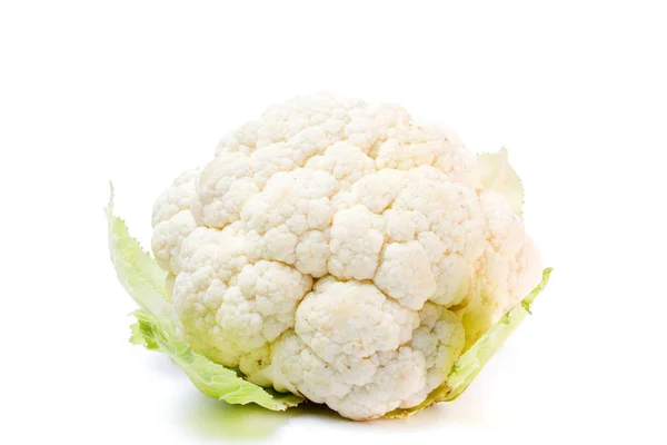Whole Head Fresh White Raw Cauliflower Leaves Close White Background —  Fotos de Stock