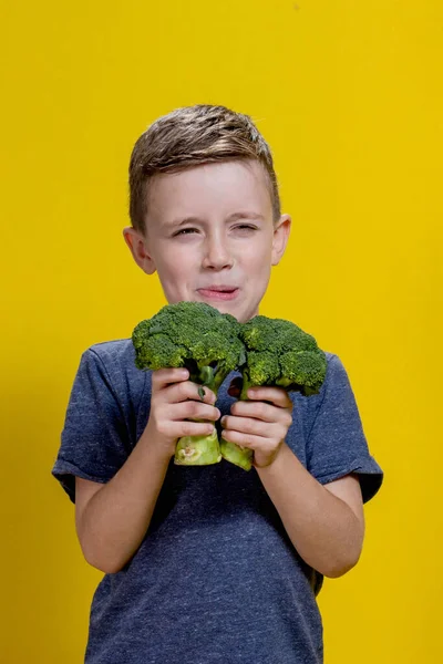 Rapazinho Encantador Que Recusa Comer Brócolis Brócolos Brotos — Fotografia de Stock