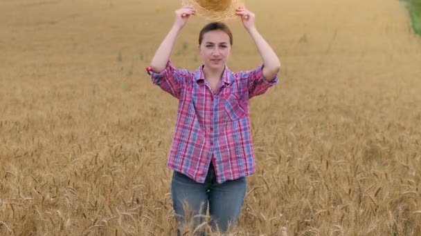 Young Farmer Woman Straw Hat Checkered Shirt Wheat Ripe Golden — Vídeos de Stock