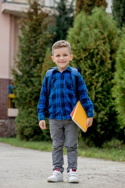 一个穿着蓝色衬衫 背包和课本的小学生的画像 小男生 一年级学生 — 图库照片