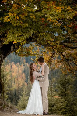 Şık damat güneş ışığında mutlu gelini kucaklıyor, romantik an, boho düğün çifti.