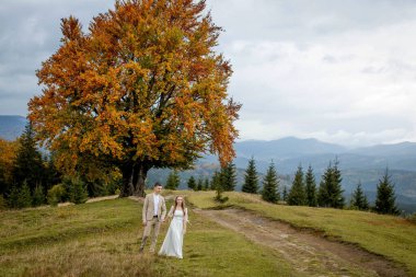 A married couple walks among the mountains, the bride leads the groom behind her, the girl holds the boy's hand, smiles, the woman in a white wedding dress, the groom and a beige suit.