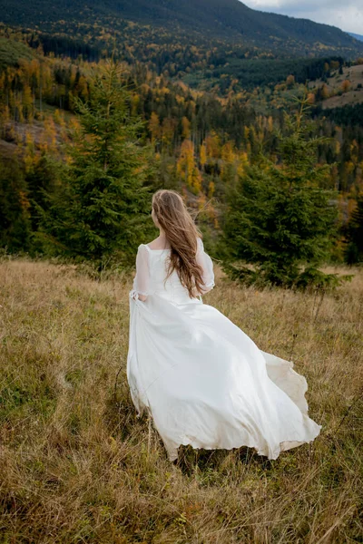 Panna Młoda Zbiega Wzgórza Podnosi Wspaniałą Sukienkę — Zdjęcie stockowe