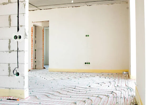 Systém Podlahového Vytápění Probíhají Práce Stavbě Bytového Domu — Stock fotografie