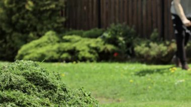 Evinin arka bahçesinde çim biçen bir adam. Çim biçme makinesi olan adam..