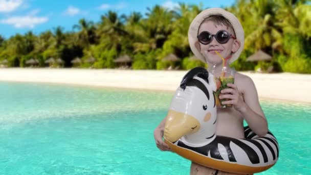 Child Boy Drinking Mojito While Standing Seashore Children Summer Concept — Stock Video